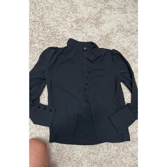 Black long sleeve work blouse button front - Picture 1 of 3